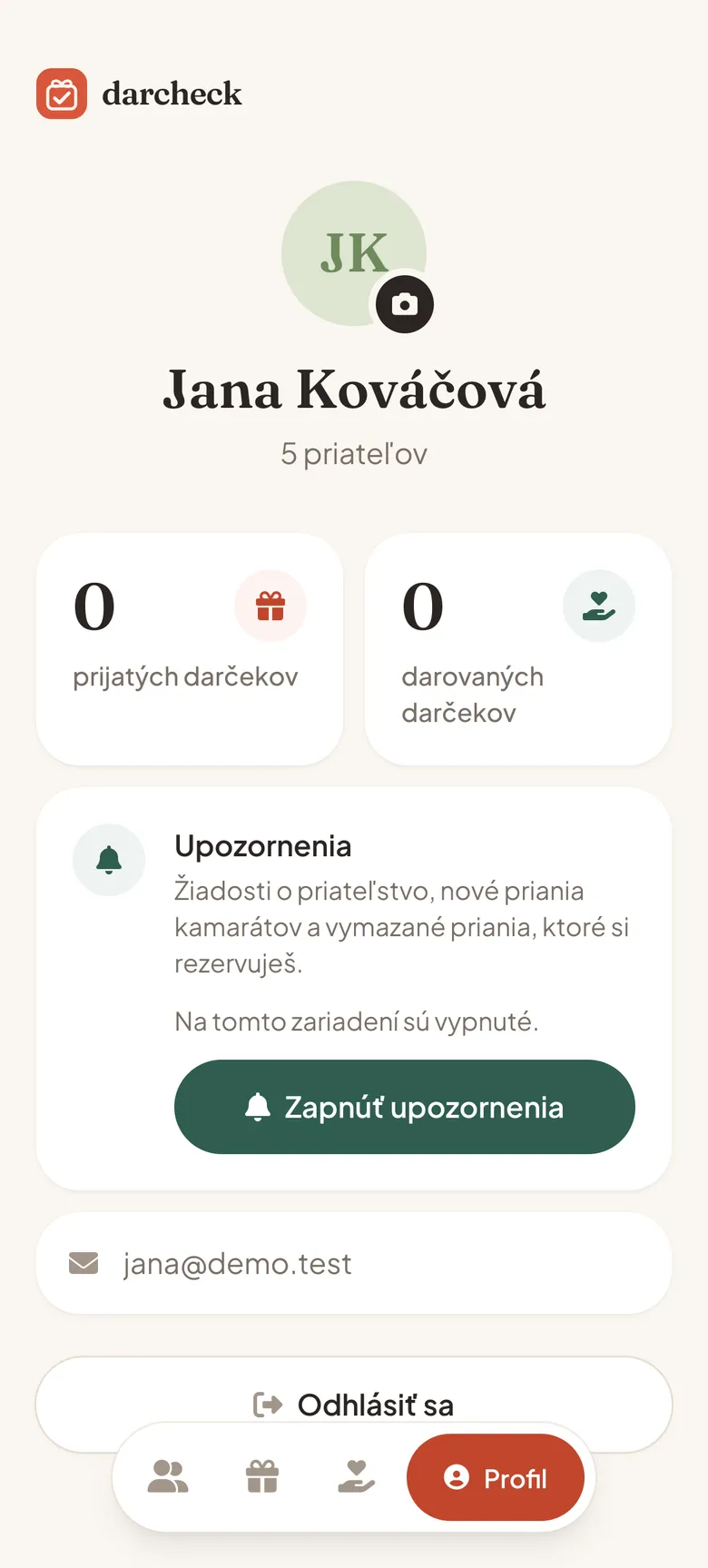 Profil so štatistikami a nastavením upozornení