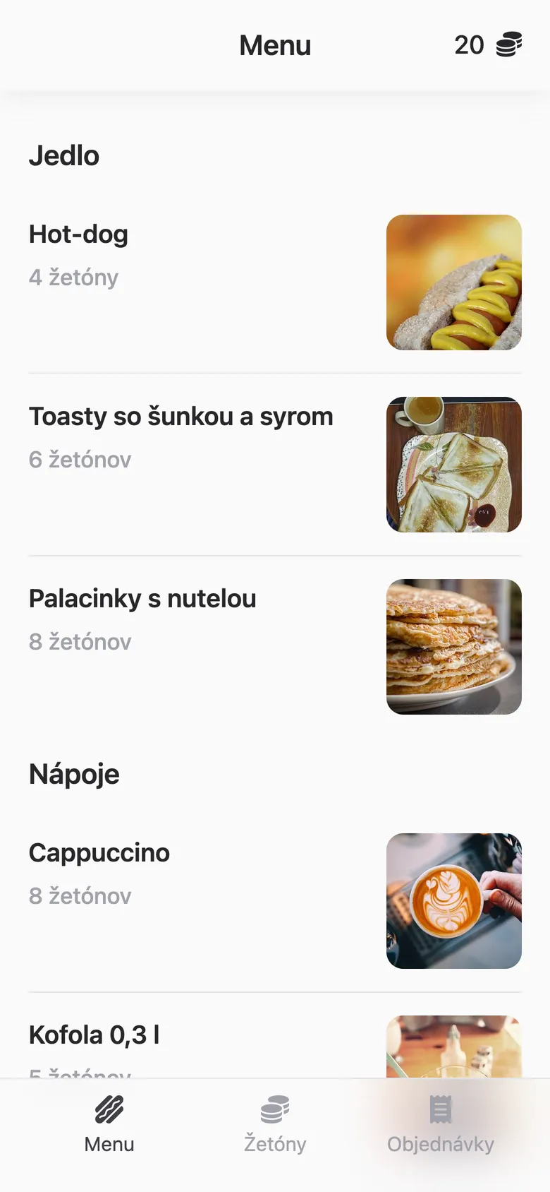 Café: menu s fotkami a zostatkom žetónov