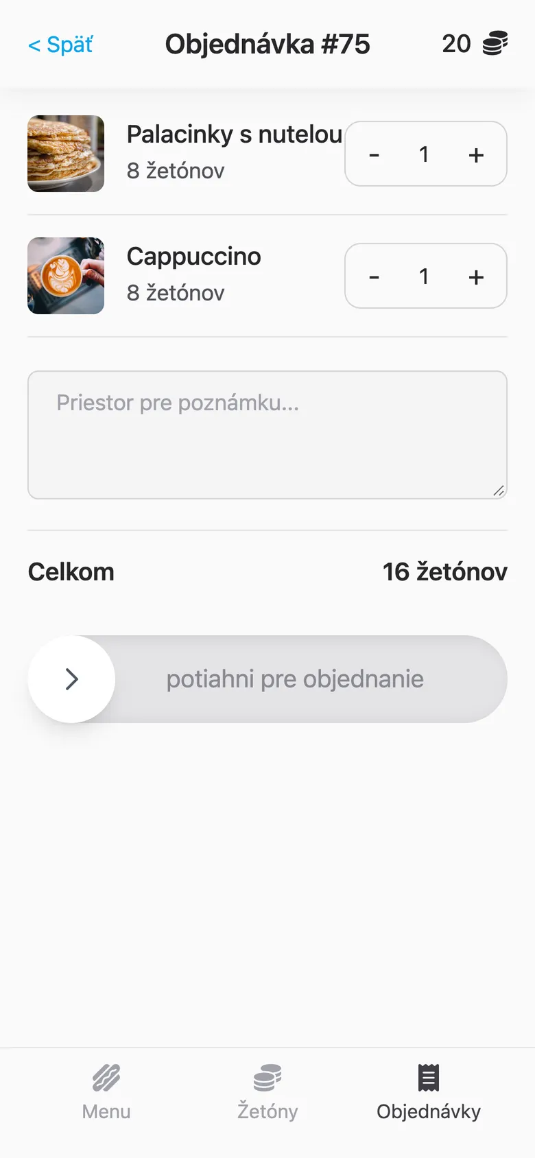 Café: objednávka, ktorá sa odošle potiahnutím