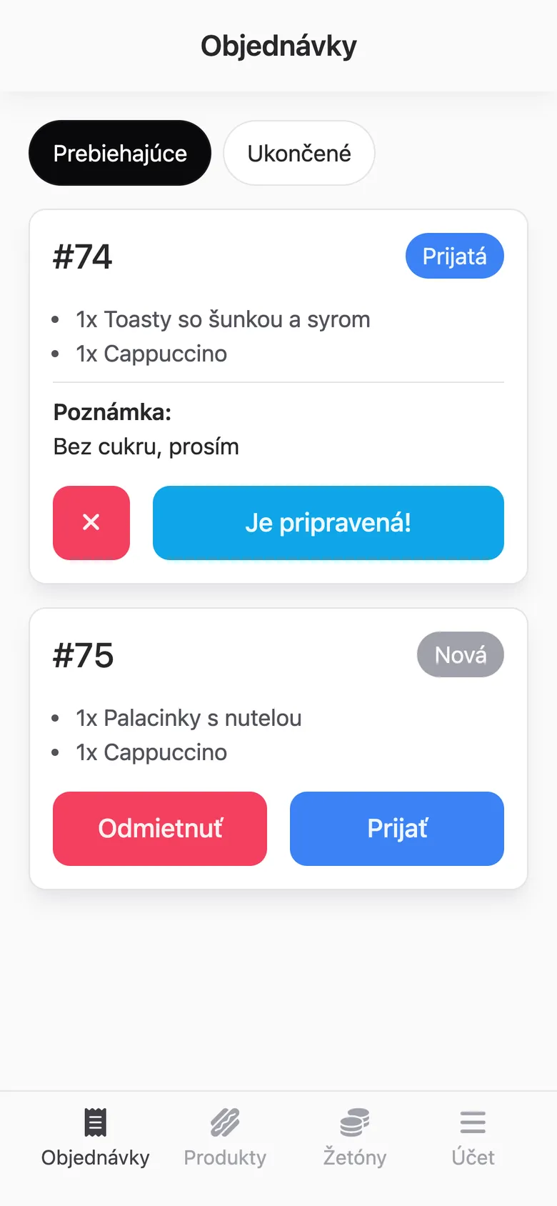 Nová objednávka s tlačidlami Prijať a Odmietnuť