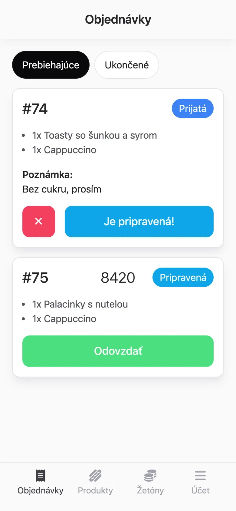 Pripravená objednávka s tlačidlom Odovzdať