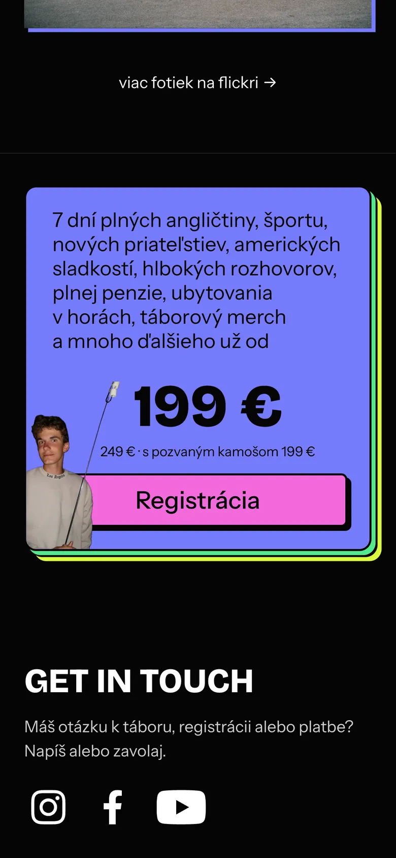 Cena tábora 199 € s tlačidlom Registrácia na mobile