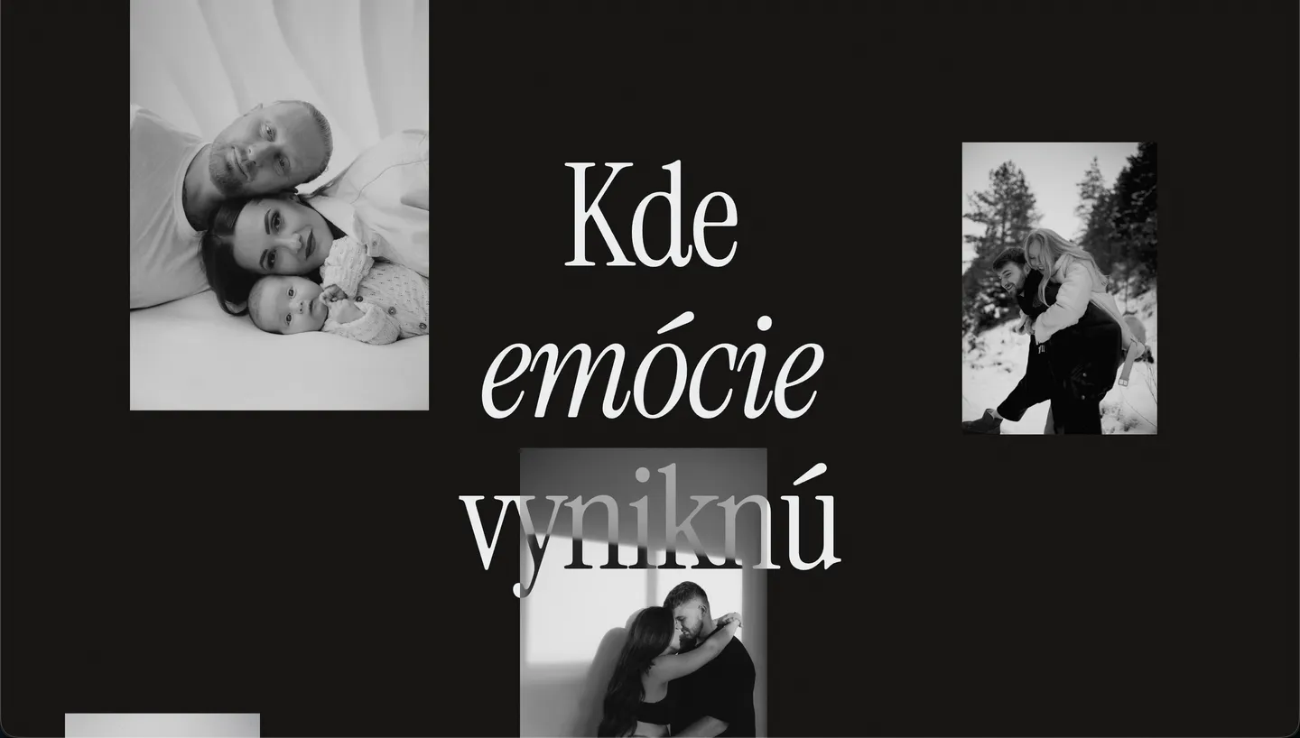 Čiernobiela koláž fotiek okolo nadpisu Kde emócie vyniknú
